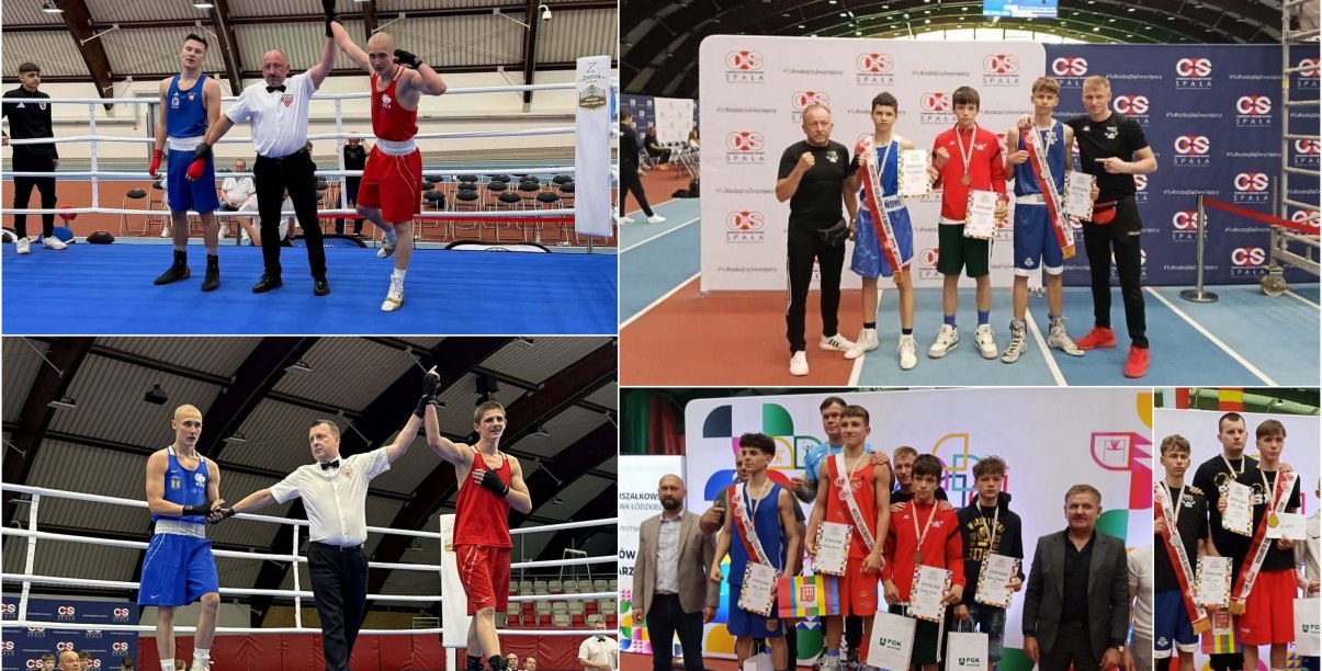 Kolaż zdjęc bokserów na ringu i na podium
