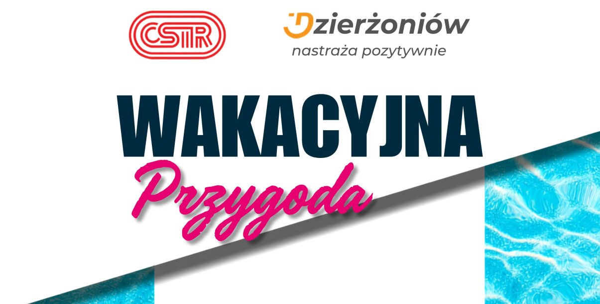Napis Wakacyjna Przygoda na białym tle oraz logotyp miasta i ośrodka sportu