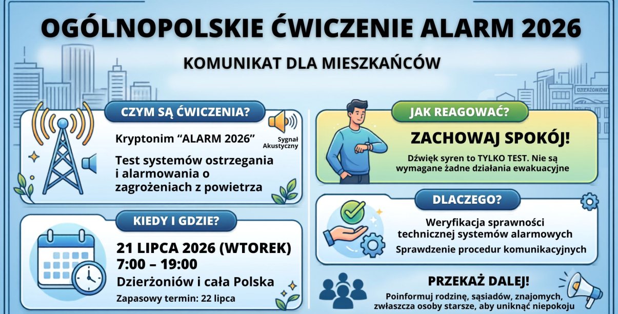 plakat z treścią: W najbliższy wtorek, 21 lipca, na terenie całego kraju – w tym również w naszym mieście – włączone zostaną syreny alarmowe. Prosimy o zachowanie spokoju i niepodejmowanie żadnych działań. To element zaplanowanych, ogólnopolskich ćwiczeń zarządzania kryzysowego pod kryptonimem „ALARM 2026”.