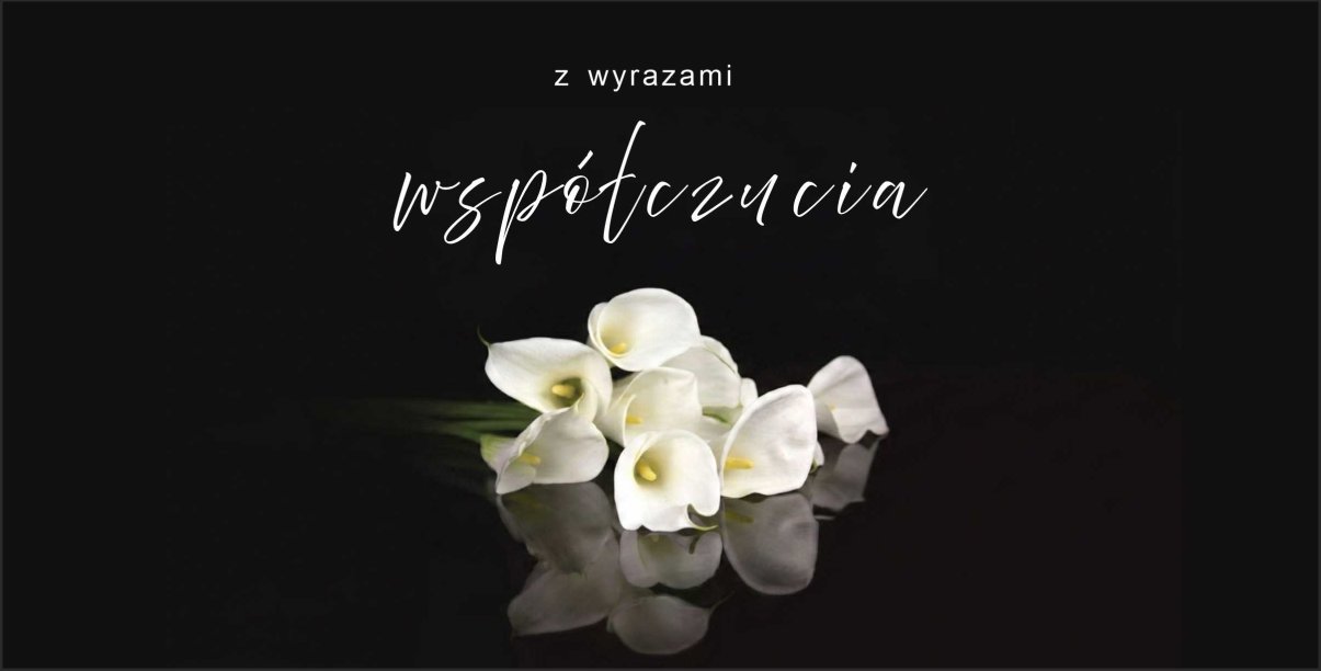 Białe dalie na czarnym tle, napis z wyrazami współczucia