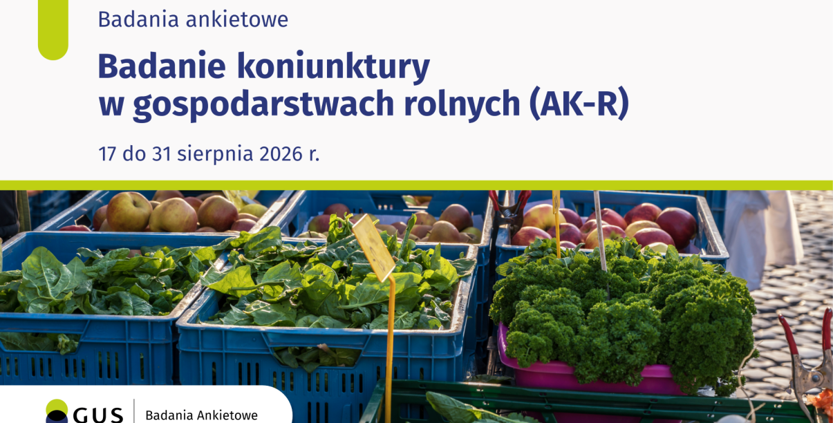 Grafika z napisem "Badanie koniunktury i zdjęcie warzyw poukładanych w skrzynkach"