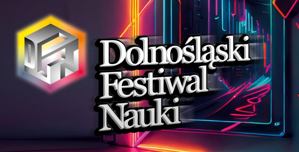Napis Dolnośląski Festiwal Nauki na kolorowym tle