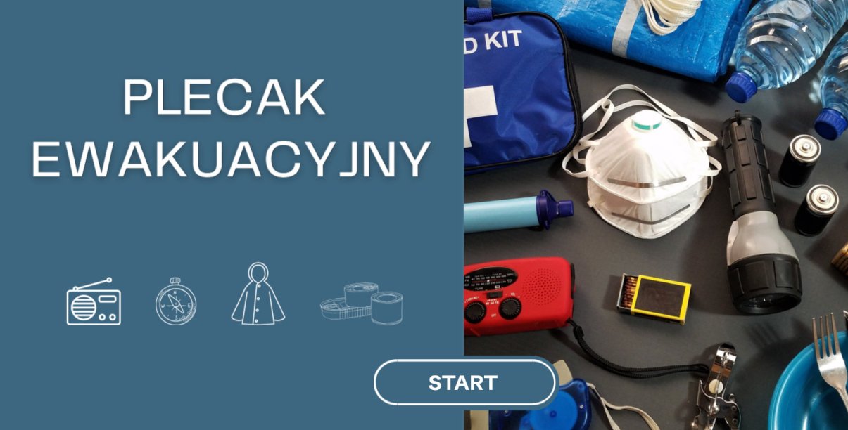 Grafika z napisem "Plecak ewakuacyjny", obok zdjęcie m.in. latarki, maseczki ochronnej, apteczki i baterii