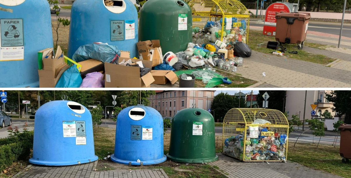 Kolaż dwóch zdjęć pojemników do segregacji odpadów