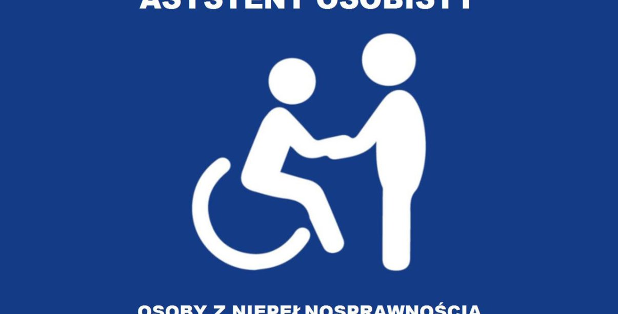 Grafika z niebieskim tłem i białym rysunkiem osoby na wózku inwalidzkiej i drugiej osoby stojącej naprzeciw