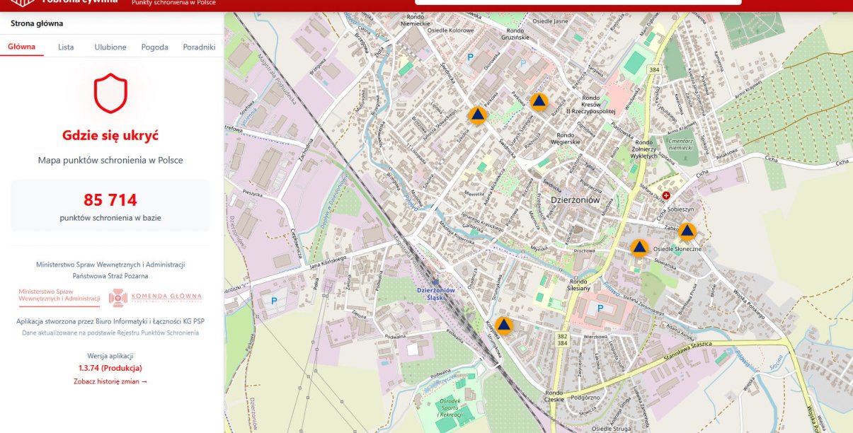 Mapa Dzierżoniowa z zaznaczonym punktami, w których można szukać schronienia