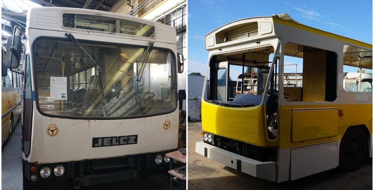 niebiesko biały stary jelcz i żółto-biały autobus marki jelcz bez szyb, w trakcie modernizacji
