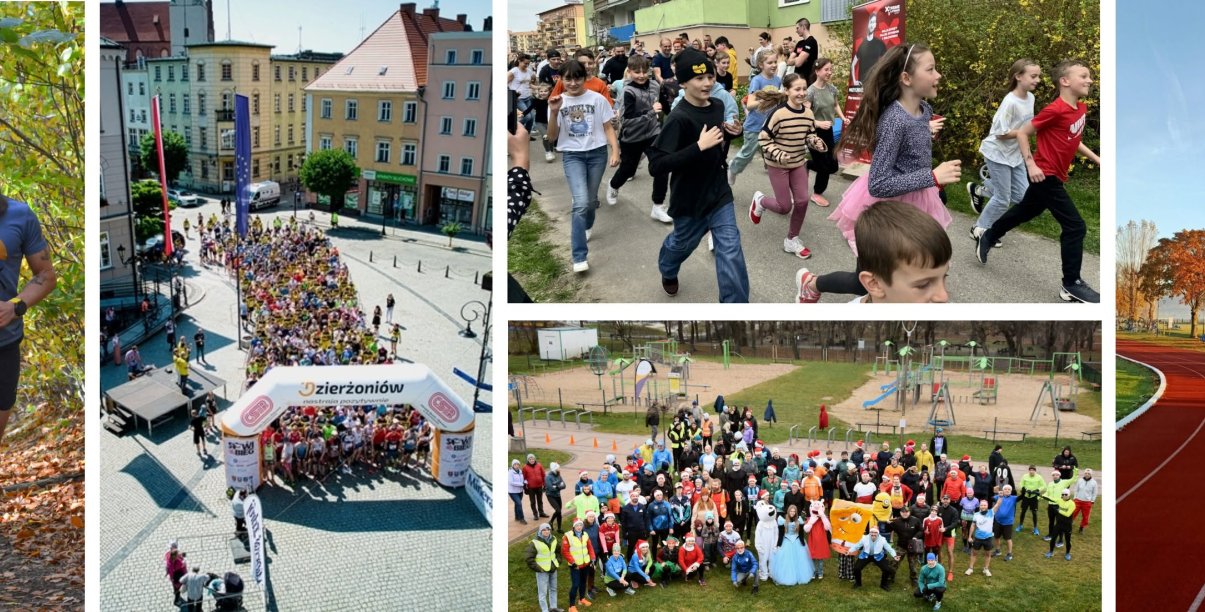 Kolaż zdjęć przedstawiających bieżnię, osoby biegające w lesie, ulicami i po dzierżoniowskim rynku