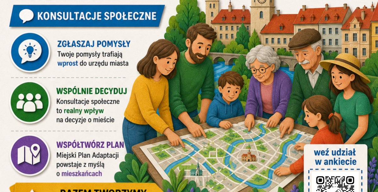 Rysunek rodziny pochylonej nad mapą i napis Twój głos kształtuje miasto