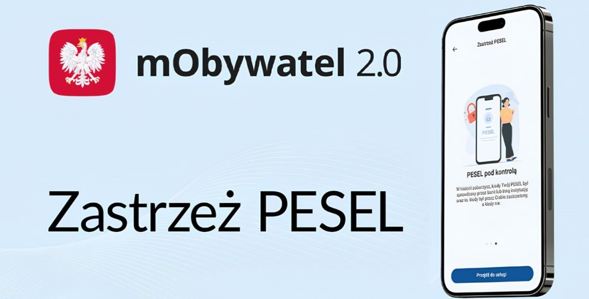 Grafika z napisem "Zastrzeż PESEL" i zdjęciem telefonu komórkowego