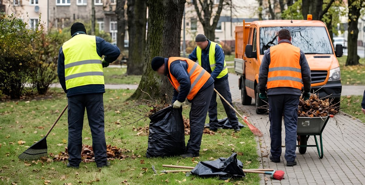 czterej mężczyzni w kolorowych kamizelkach wykonują prace porządkowe na terenie zielonym