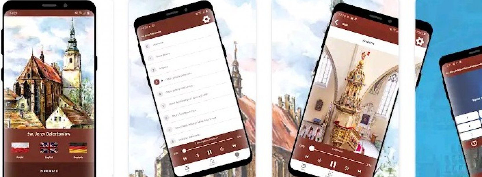 Widok czterech telefonów z uruchomioną apikacją do zwiedzania