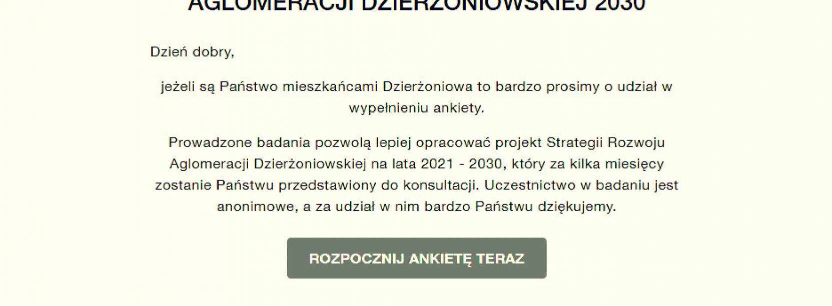 Widok na stronę początkową ankiety z napisem Wypełnij ankietę