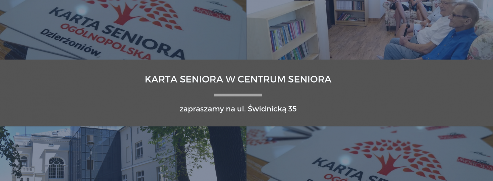 Grafika ze zdjęciami senirów, centrum seniora i kartą seniora