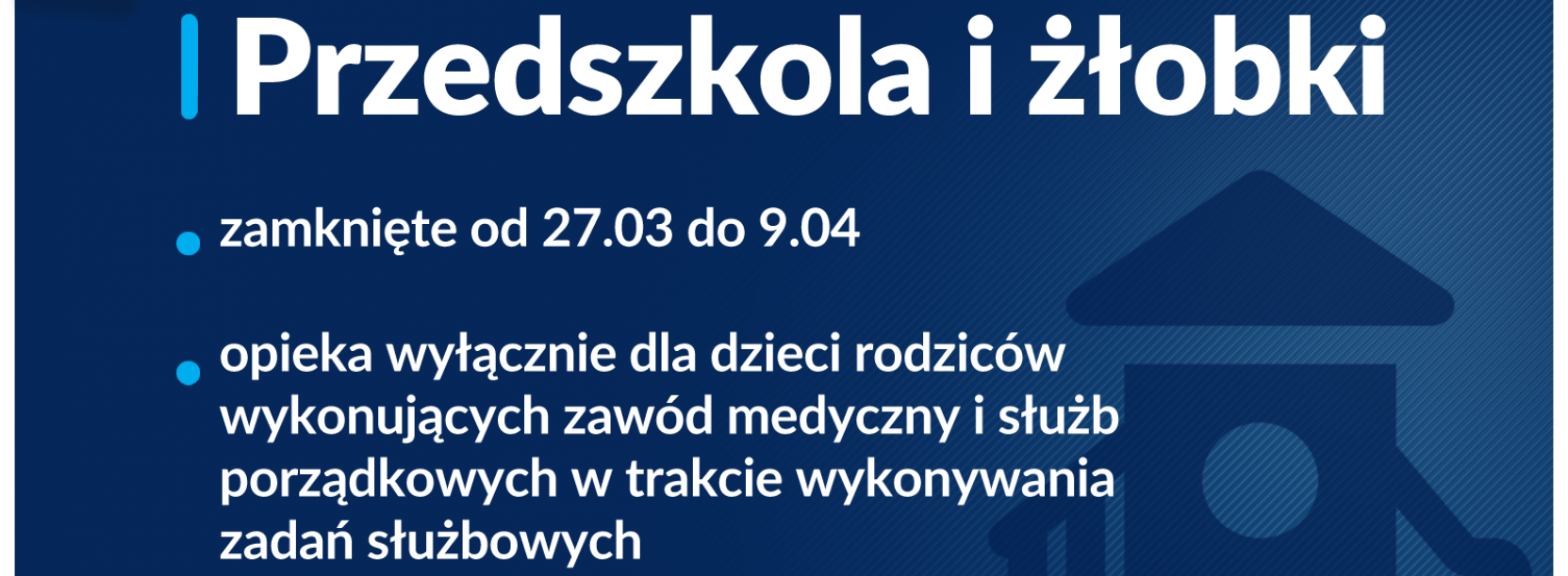 Na granatowym tle informacja o tym, ze od 27 marca przedszkola i żłobki bedą nieczynne