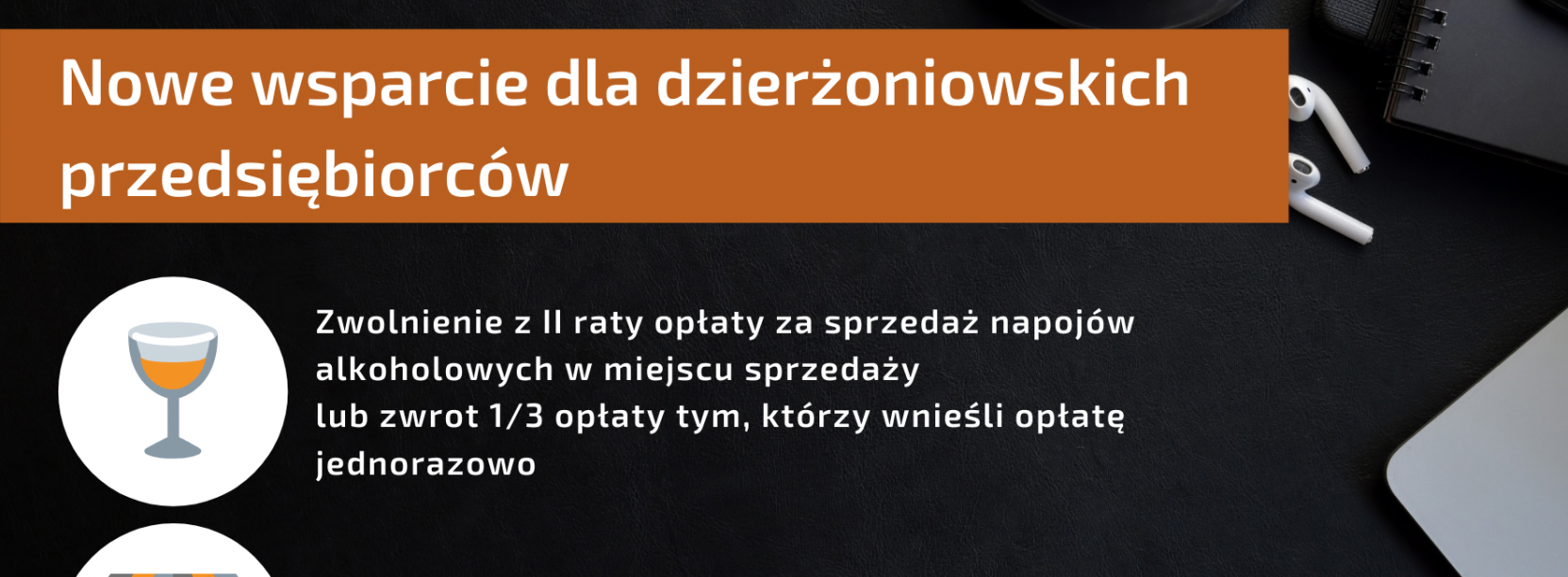 Grafika - na czarnym tle napis "Nowe wsparcie dla dzierżoniowskich przedsiebiorców"