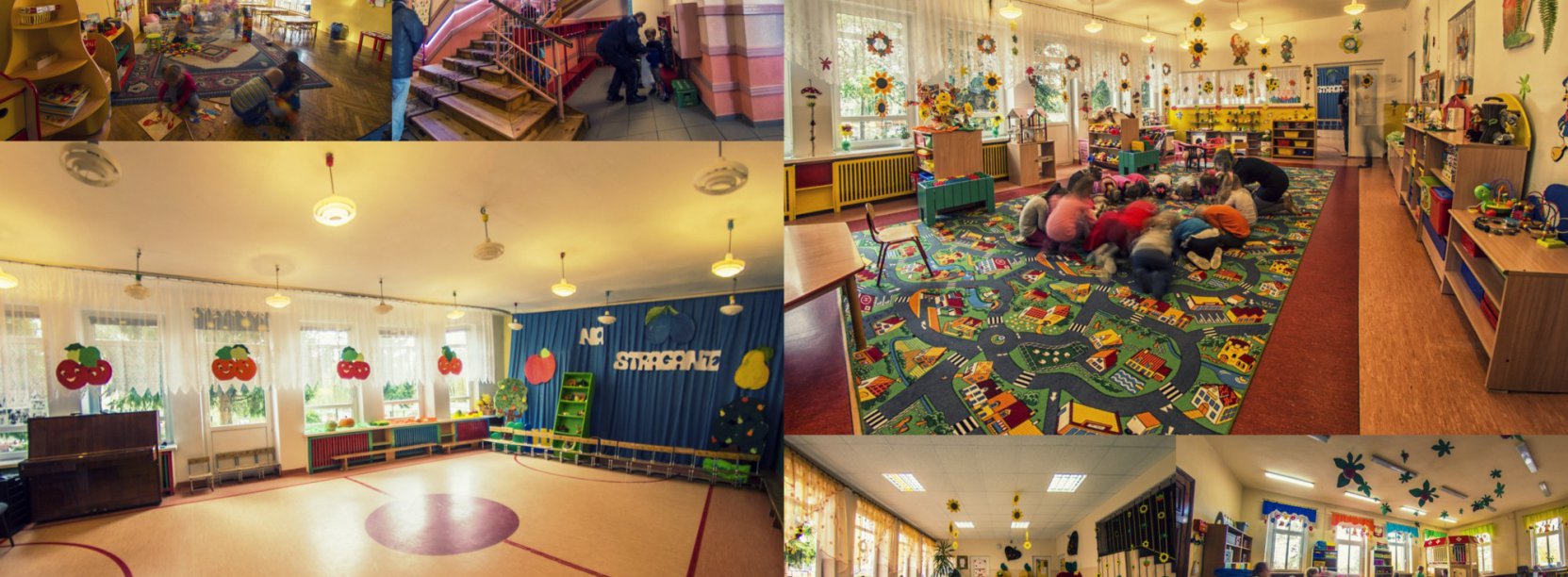 Kolaż zdjęć p[opkazujących sale w dzierżoniowskich przedszkolach