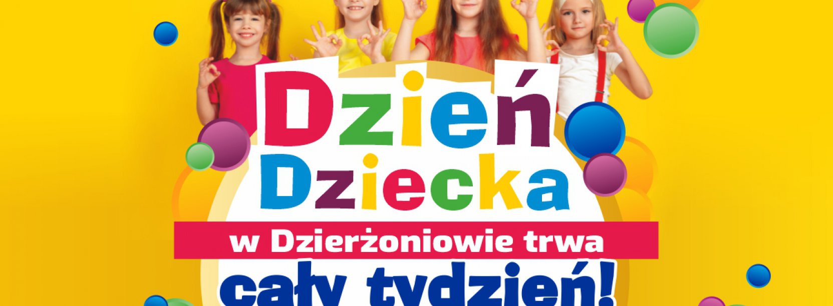Czworo dzieci ubranych kolorowo na żółtym tle i napis Dzień Dziecka