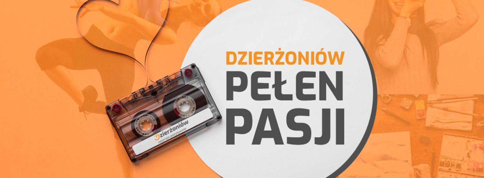 Kaseta magnetofonowa na żółtym tle z napisem Dzieroniów Pełen Pasji 