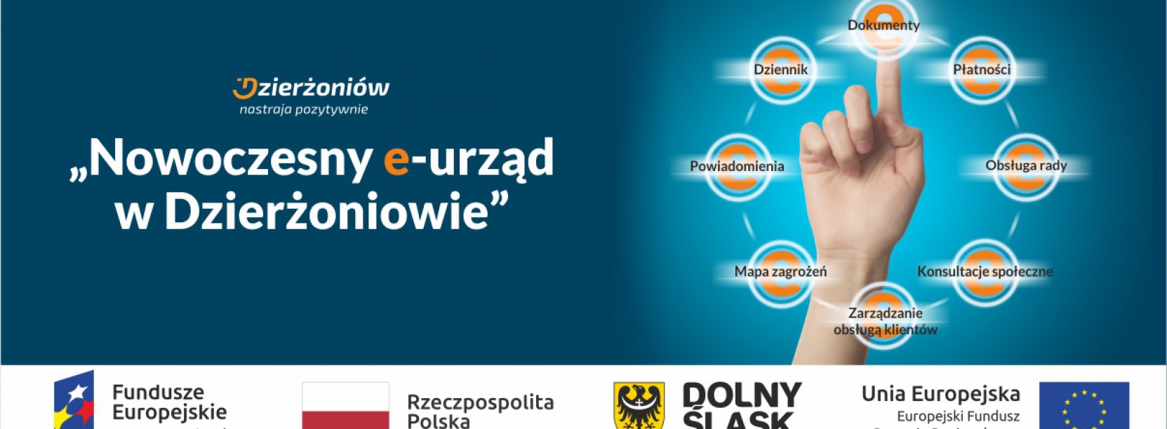 Grafika na niebieskim tle z napisem Nowoczesny e-urząd w Dzierżoniowie 