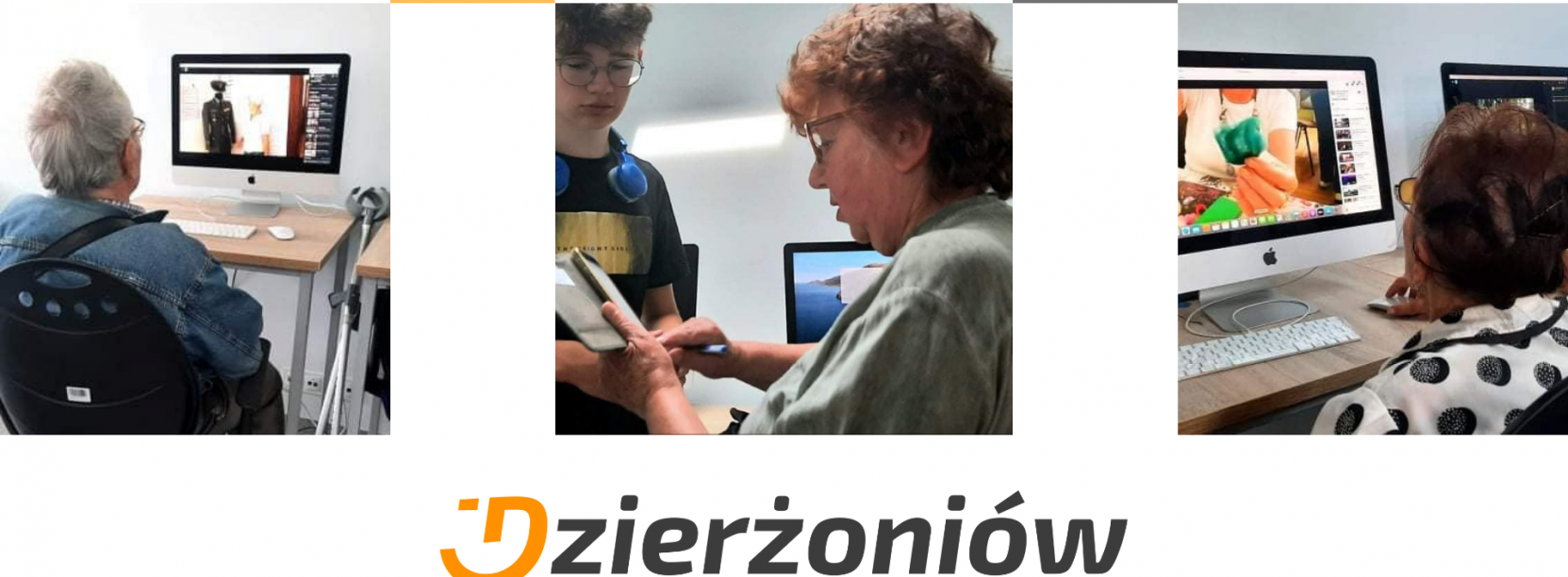 Kolaż zdjęć na których seniorzy uczą się obsługi komputera, logo Dzierżoniowa z hasłem Dzierżoniów nastraja pozytywnie 