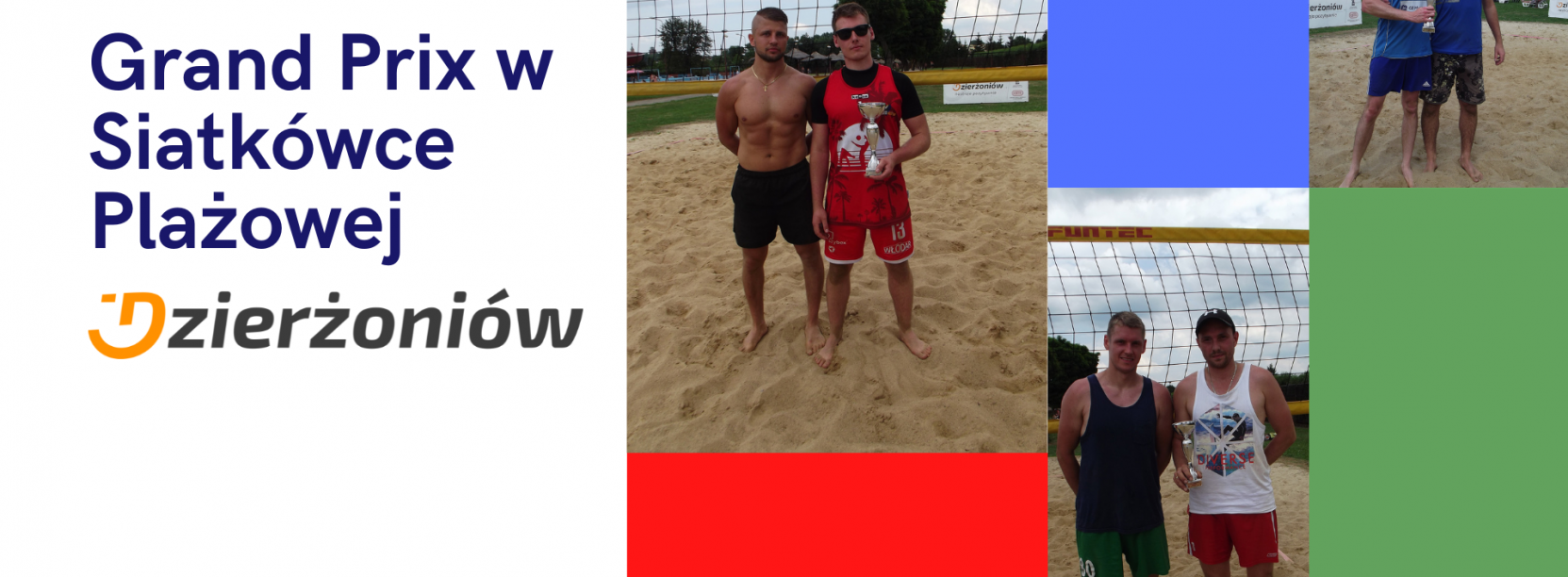 Kolaż zdjęć z zawodnikami siatkówki plażowej, którzy zajęli 1-3 miejsce w I Grand Prix oraz logo Dzierżoniowa