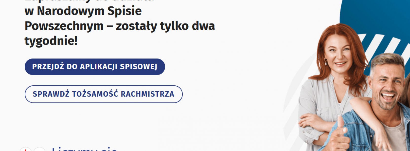 Białe  tło, napis Narodowy Spis Powszechny, po prawej uśmięchnięta para 