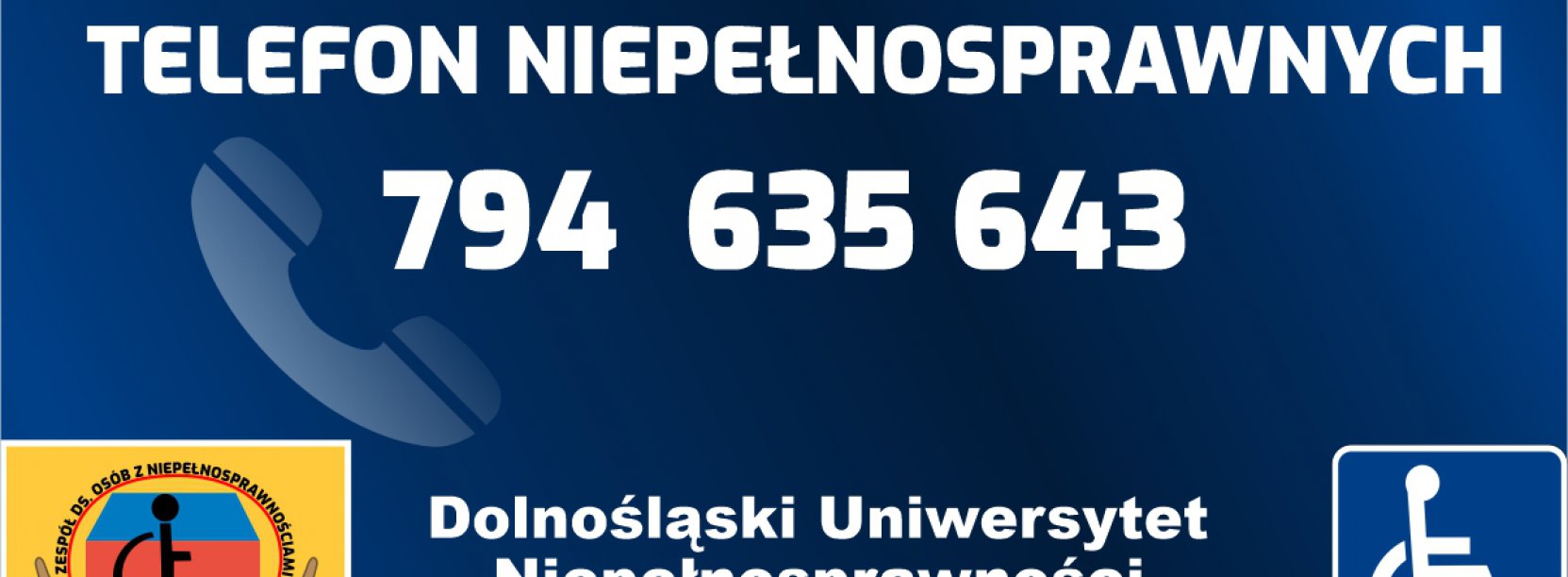 Numer telefonu niepełnosprawnych to: 794 635 643 na niebieskim tle