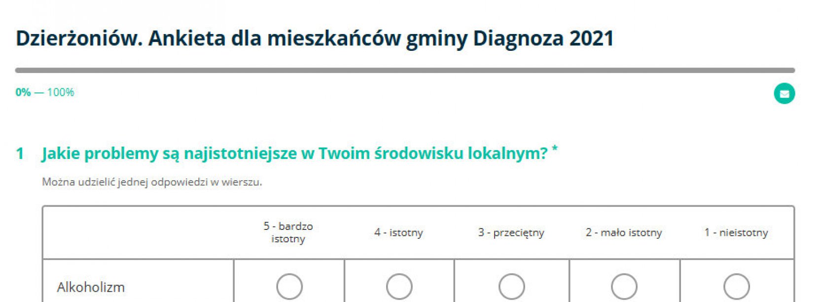 Widok ekranu z otwartą ankietą do wypeninia 