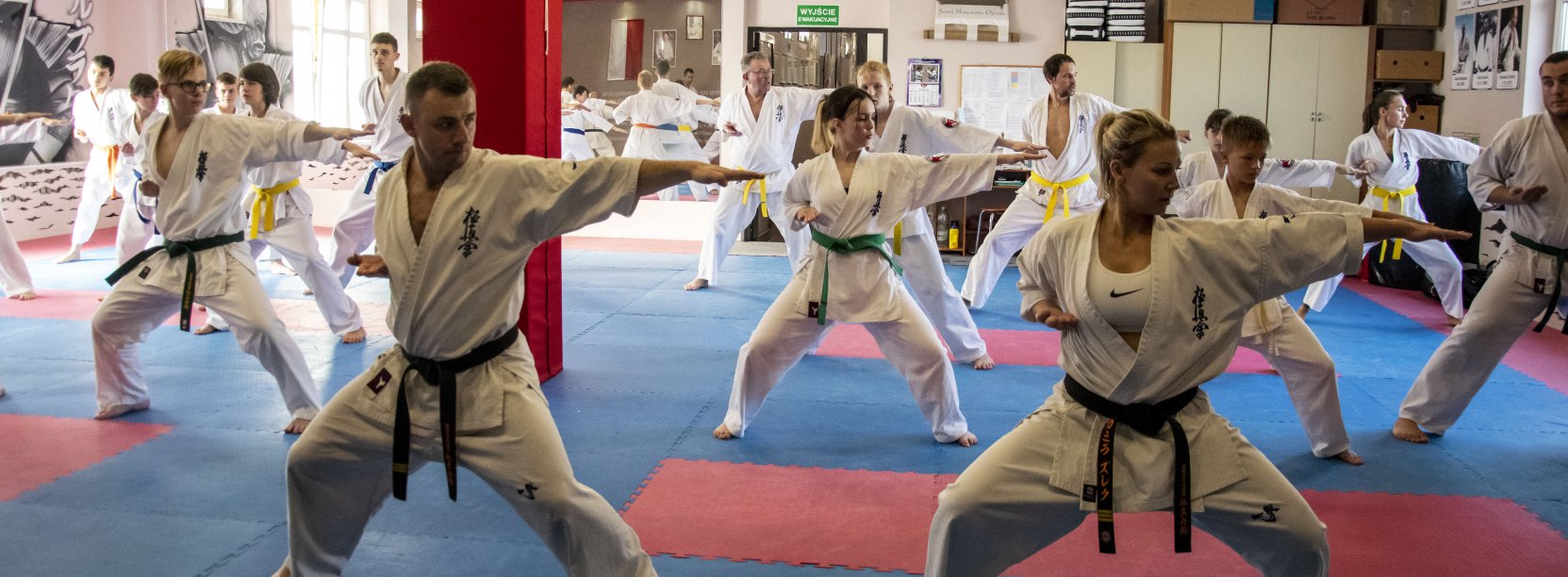 Kilkanaście osób trenujących układ karate