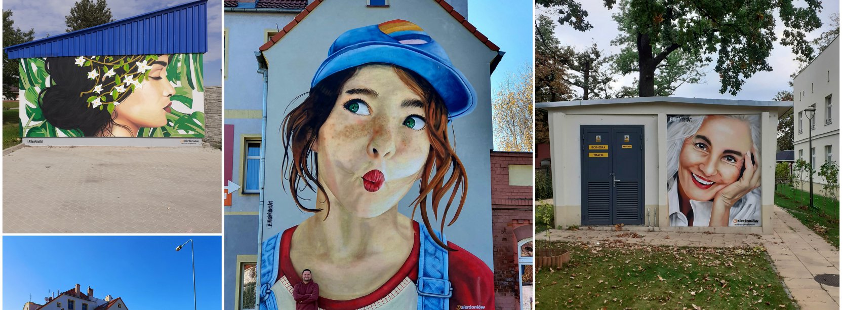 Kolaż zdjęć trzech murali przedstawiających kobiece twarze
