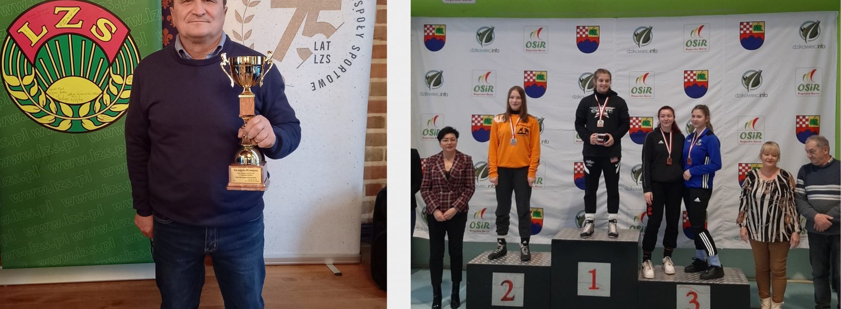 kolaż zdjęć: trener Stanisław Warchoł z pucharem/zawodnicy na podium