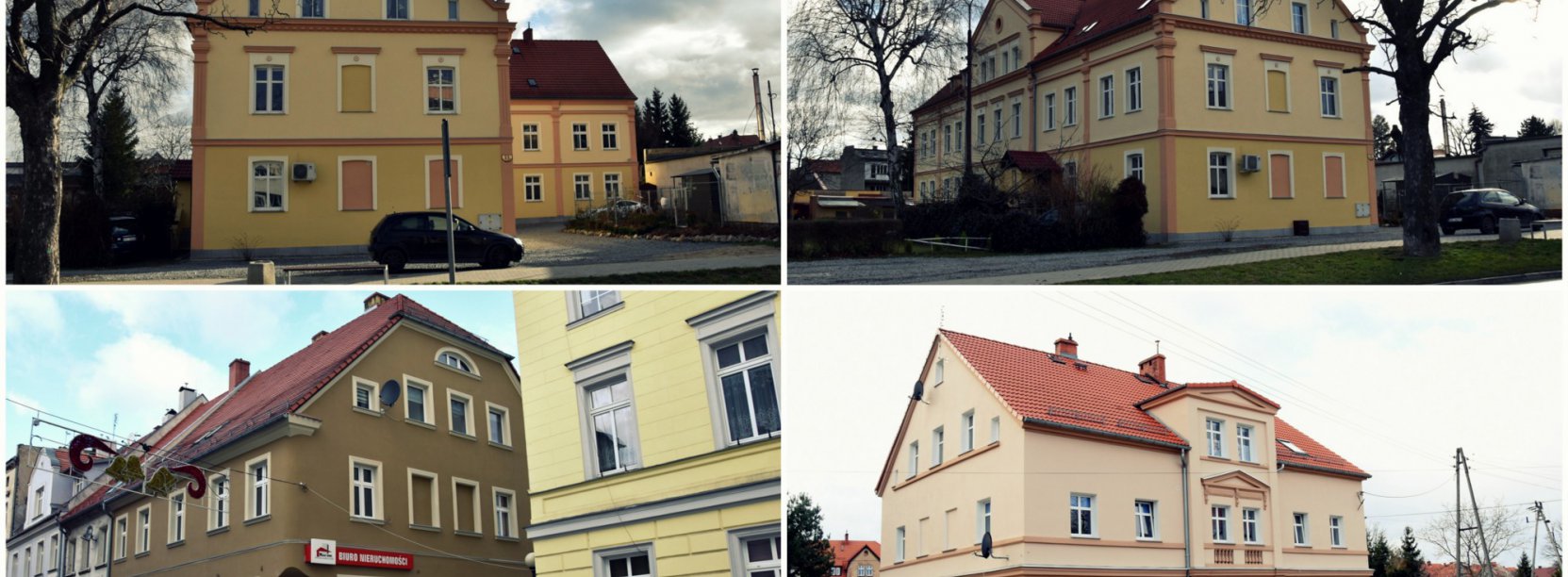 Kolaż czterech zdjęć odnowionych kamienic