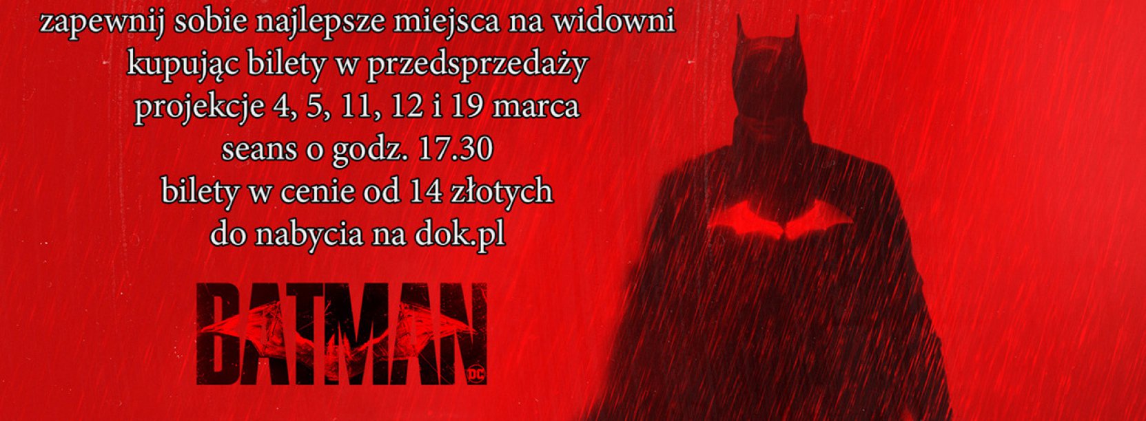 Grafika, czerwone tło i sylwetka filmowego Batmana
