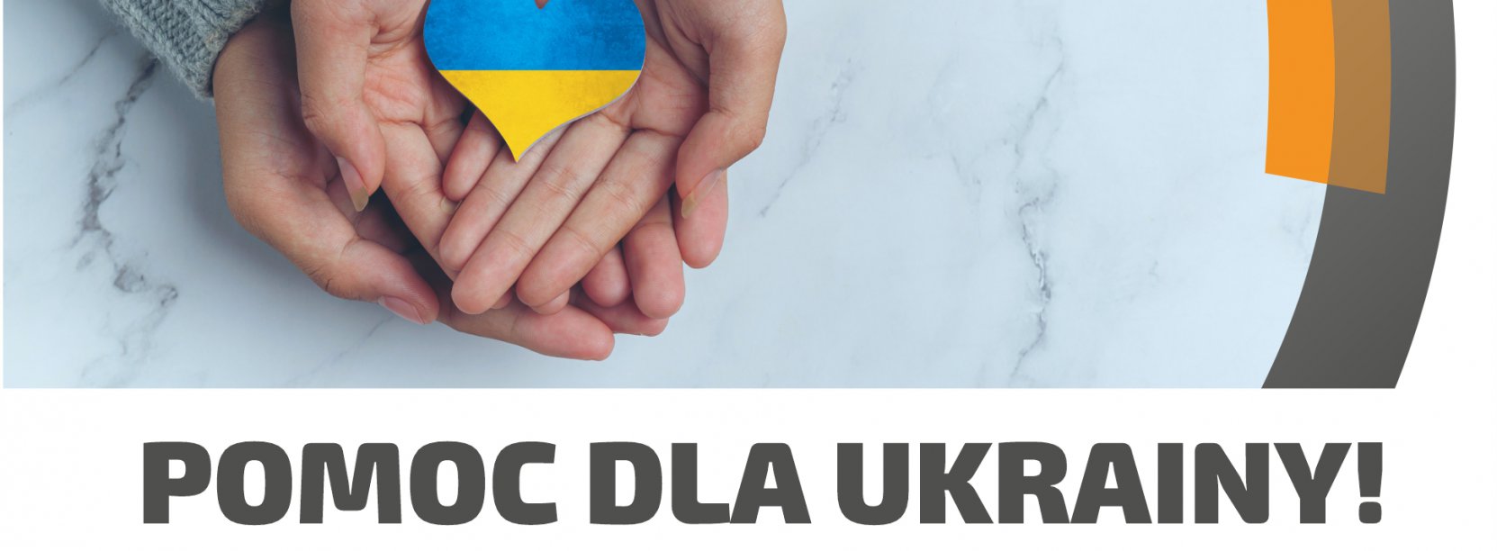 Serce z flagą ukrainy trzymane na dłoniach, logo Dzierżoniowia, pod spodem napis Pomoc dla Ukrainy
