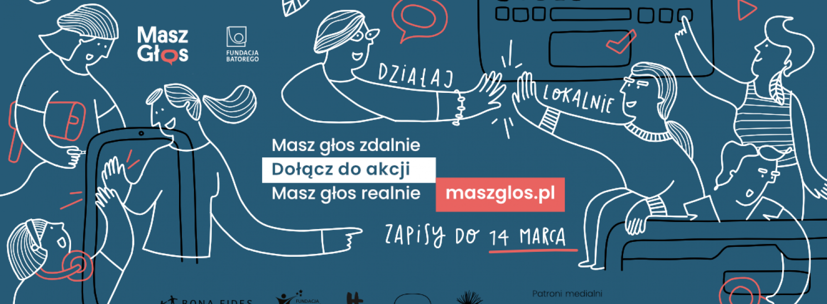 Grafika na niebieskim tle z rysunkami ludzi w różnych pozach