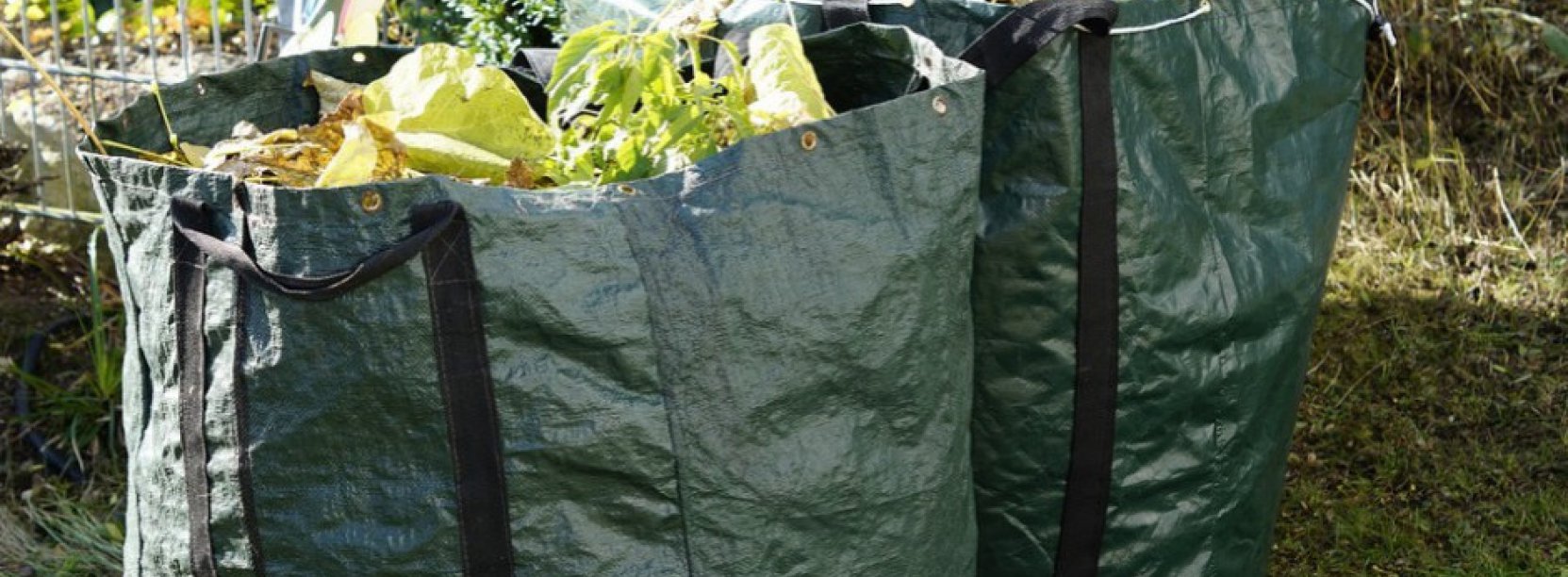 Dwie duże zielone torby tekstylne wypełnione odpadami zielonymi 