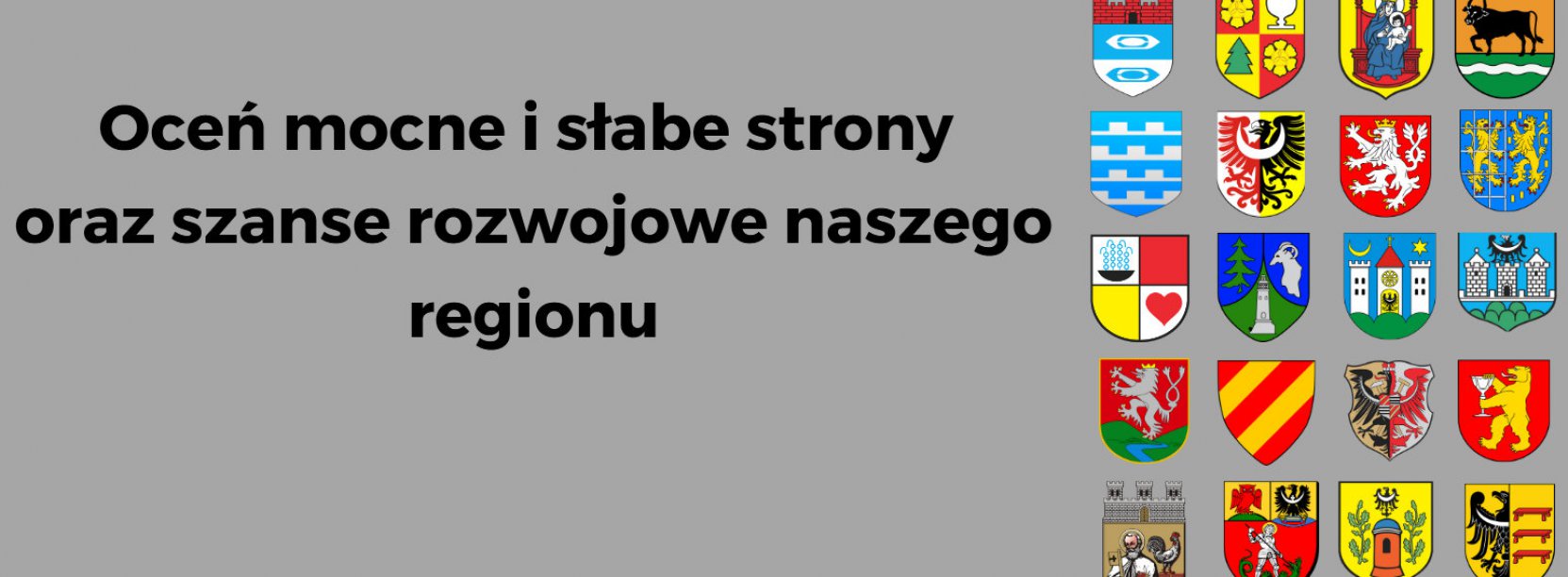 Herby kilkunastu miast na szarym tle i napis Oceń mocne i słabe strony