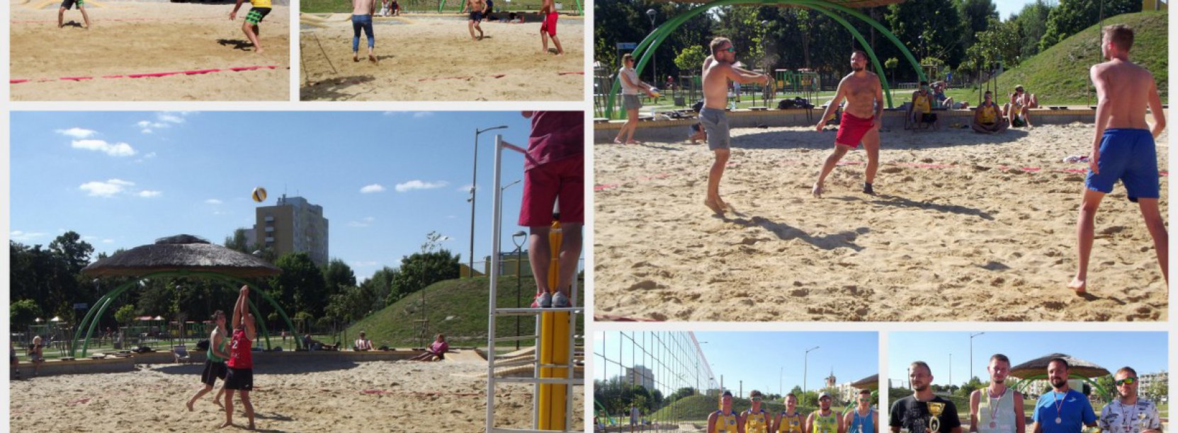 Kolaż zdjęć z gry w siatkówke plażową