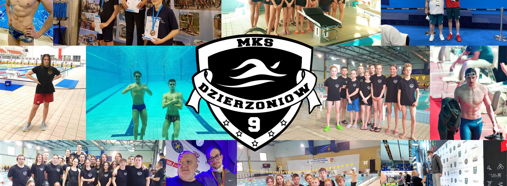Kolaż zdjeć pływaków, na środku logotyp klubu MKS9-tka