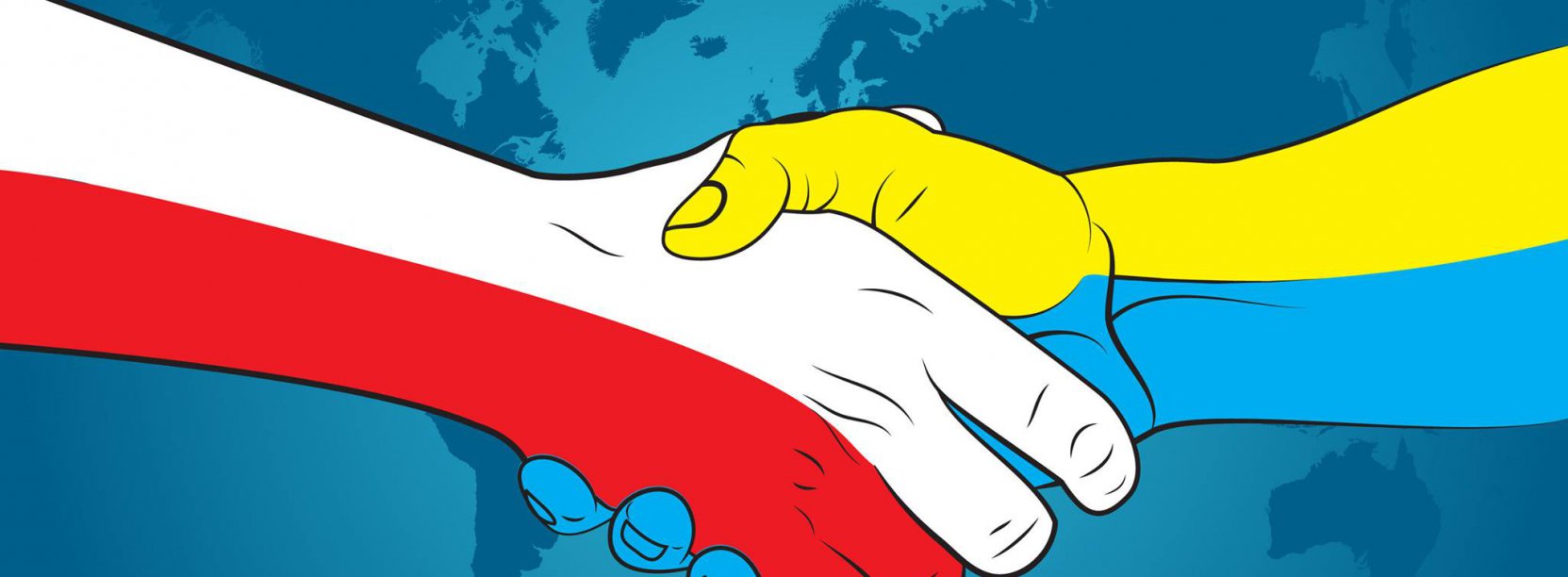 splecione dłonie w barwach polskiej i ukraińskiej flagi na tle mapy europy