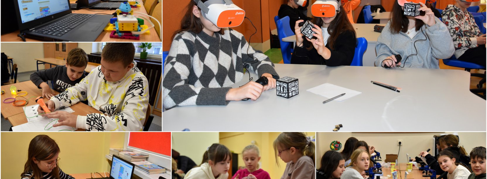Kolaż zdjęć pokazujących zajęcia w klasach z wykorzstaniem okularów VR, robotów i mikroskopów