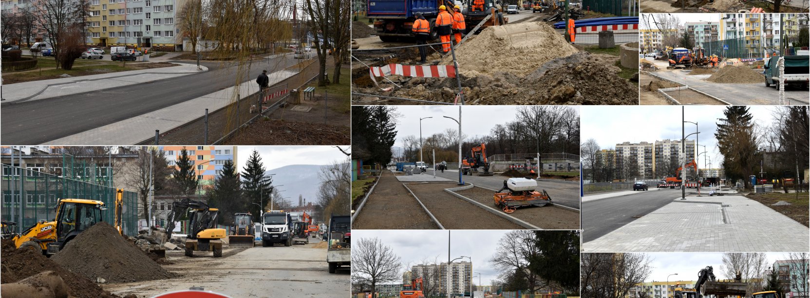 Kolaż zdjęć pkazujących częśćiowo wyremontowaną i częściowo remontowaną drogę 