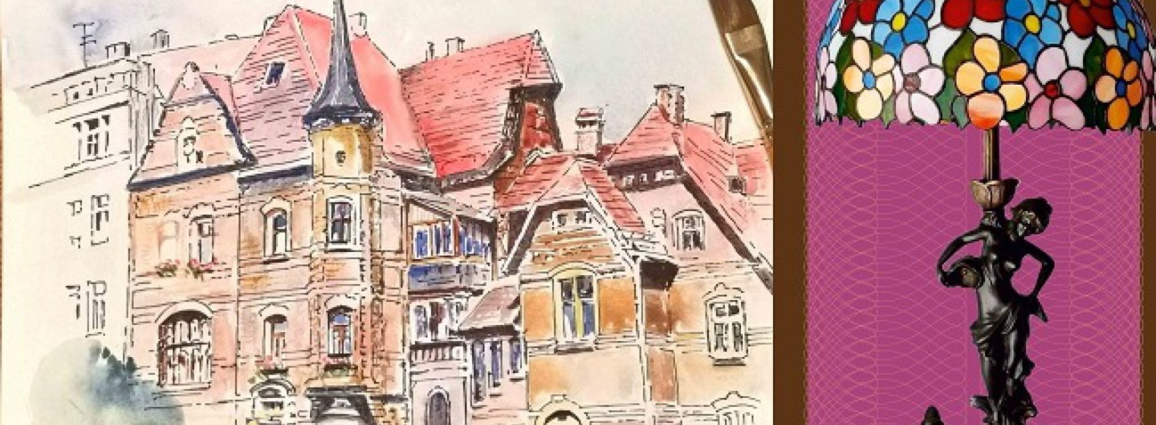 Grafika pastelowa ukazująca kamienice, po prawej kolrowa stara lampa