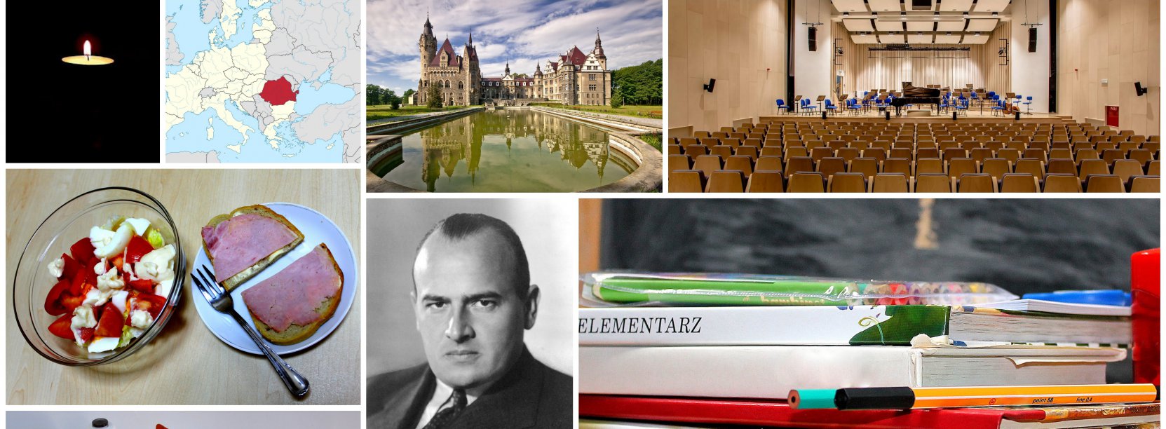 Kolaz różnych zdjęć, m.in. ksiązek, świeczki, wnętrz sali koncertowej, portetu mżężczyzny i mapy Europy