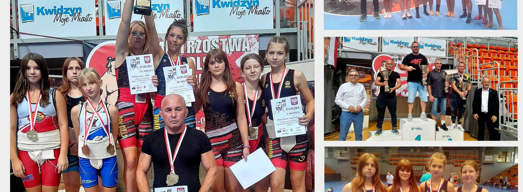 Kolaż kilku zdjęć zapaśników z medalami, dyplomami i stojących na podium