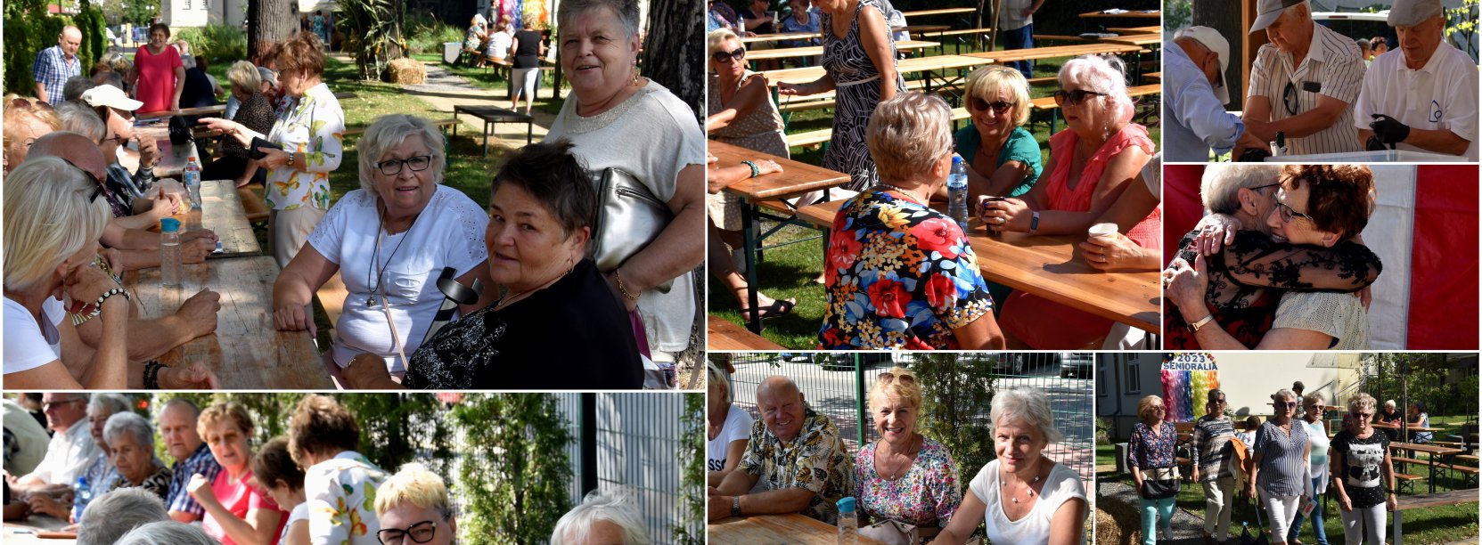 Kolaż zdjęć uśmiechniętych senirów podczas wspólnego pikniku
