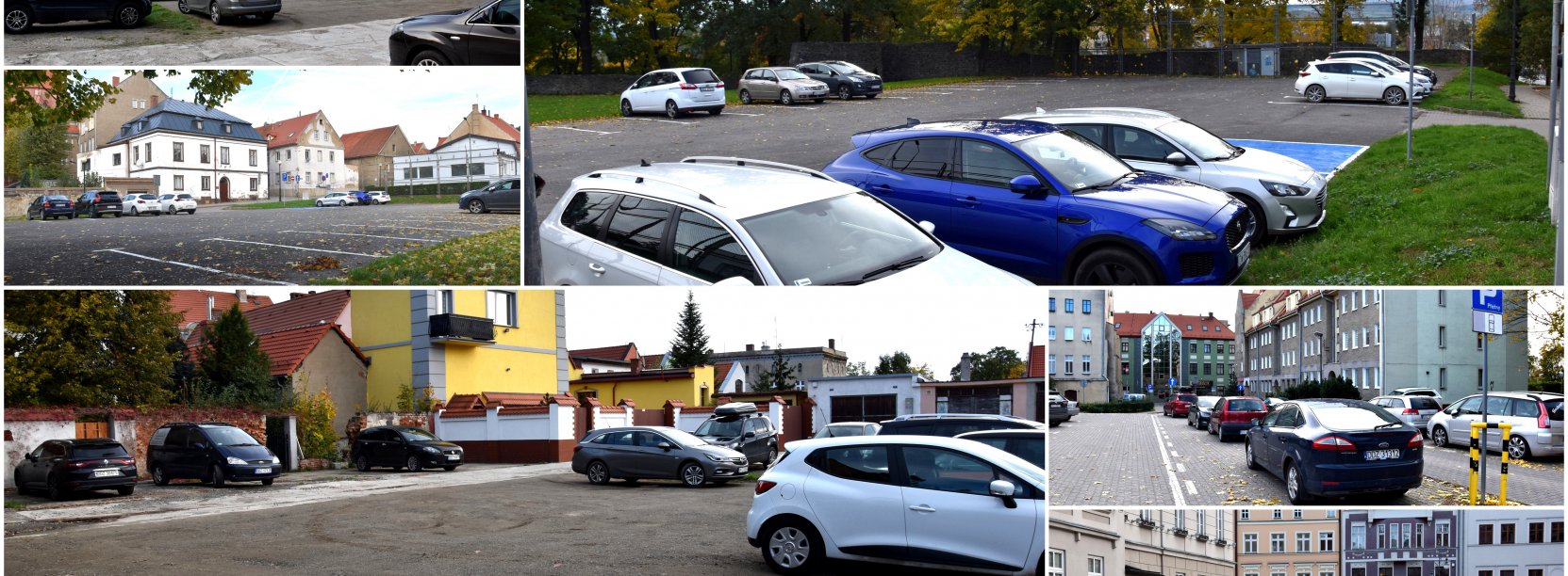 Kolaż zdjeć parkingów i zaparkowanych samochodów