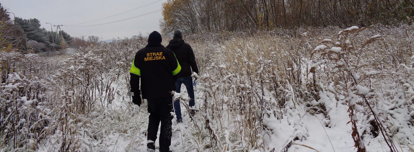 Zima, śnieg na łące, dwóch strazników miejskich idzie w kierunku lasu