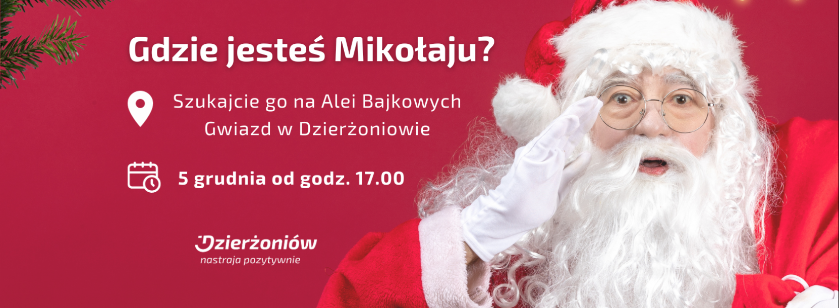 Mikołaj w okularach i białych rękawiczkach, czerwone tło 
